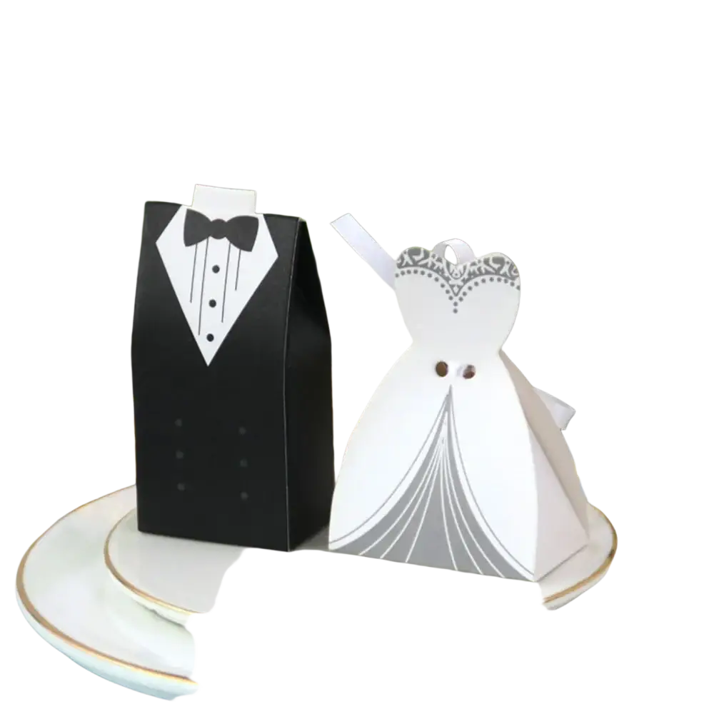 Black and white paper wedding favor candy boxes shaped like tuxedo and gown for bride and groom 50 pack