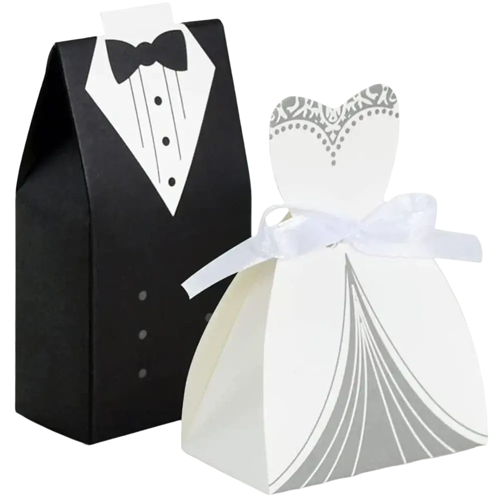 White wedding gown shaped gift box with silver lace detailing and white ribbon bow bride and groom wedding favor candy box
