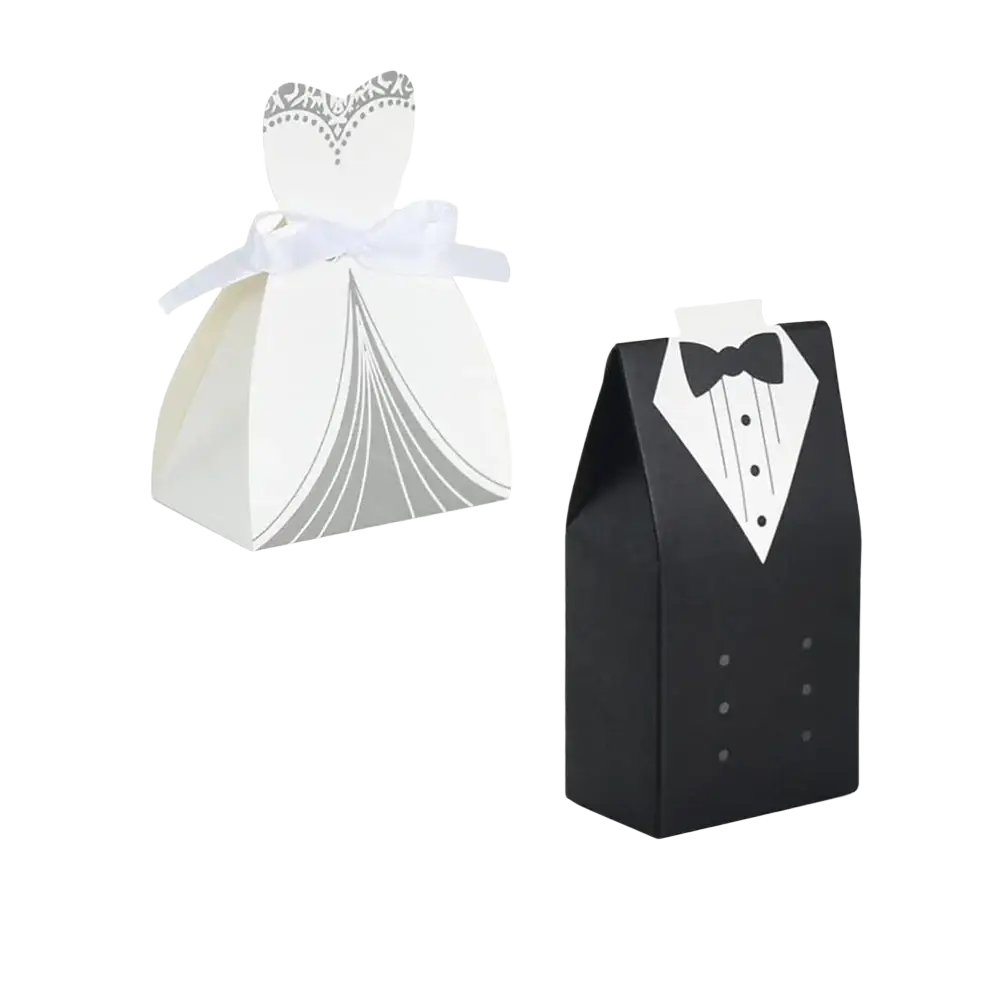 White and silver wedding gown-themed paper gift box with white ribbon bow for bride and groom wedding favor candy boxes 50 pack