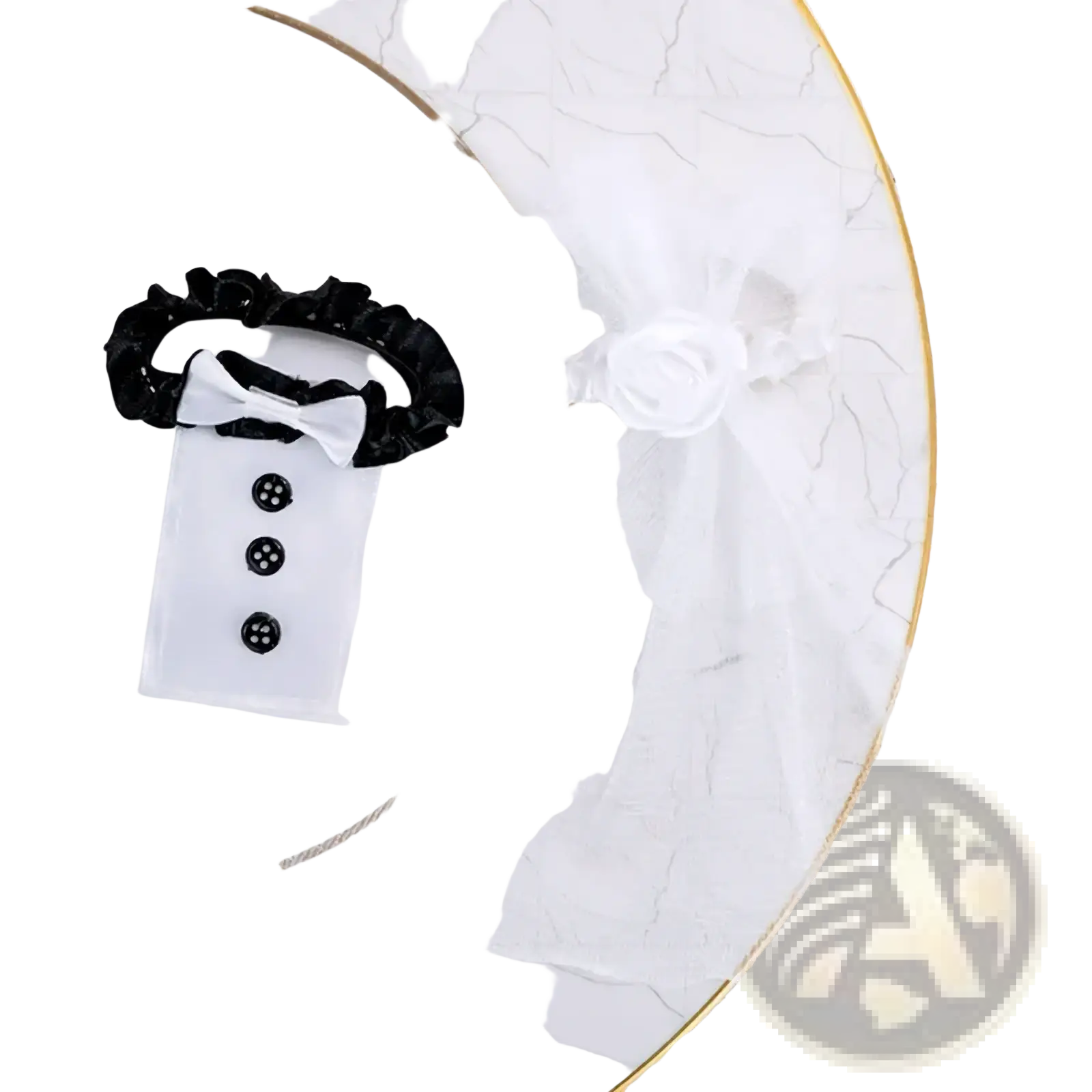Black velvet tuxedo-themed hair tie with white bow and three black buttons for bride and groom wine glass covers