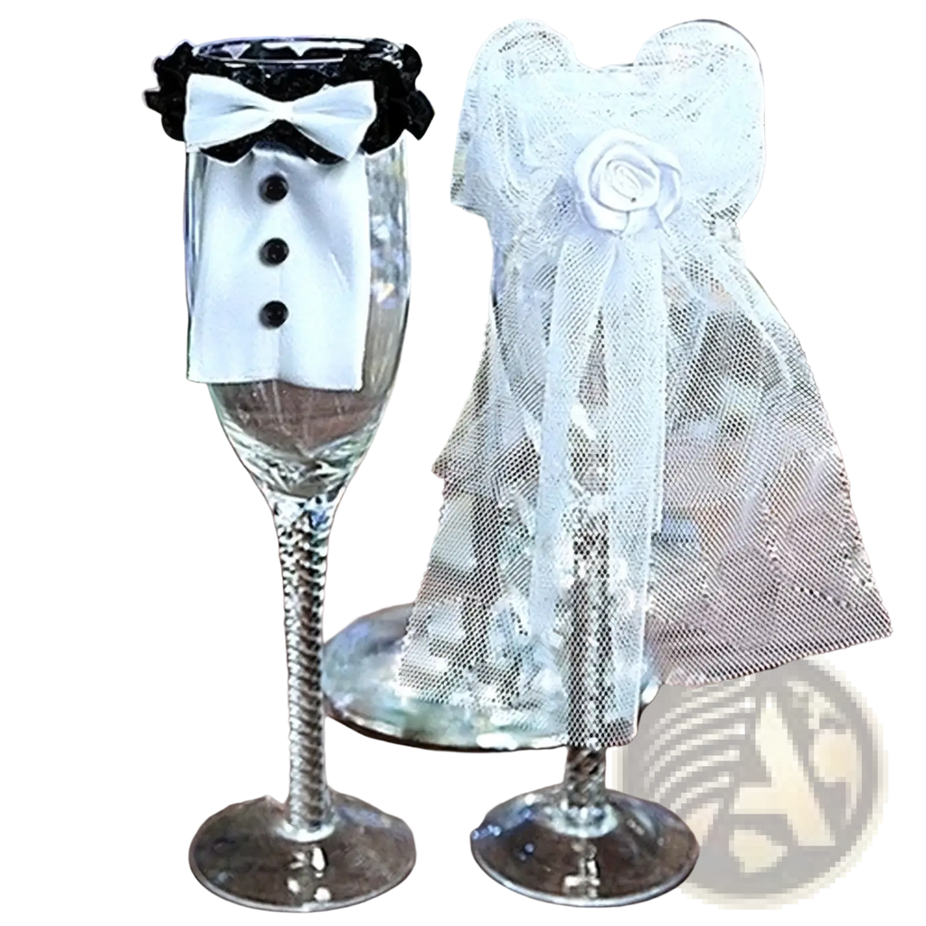 A clear twisted-stem champagne flute with a miniature black and white tuxedo topper from bride and groom wine glass cover set