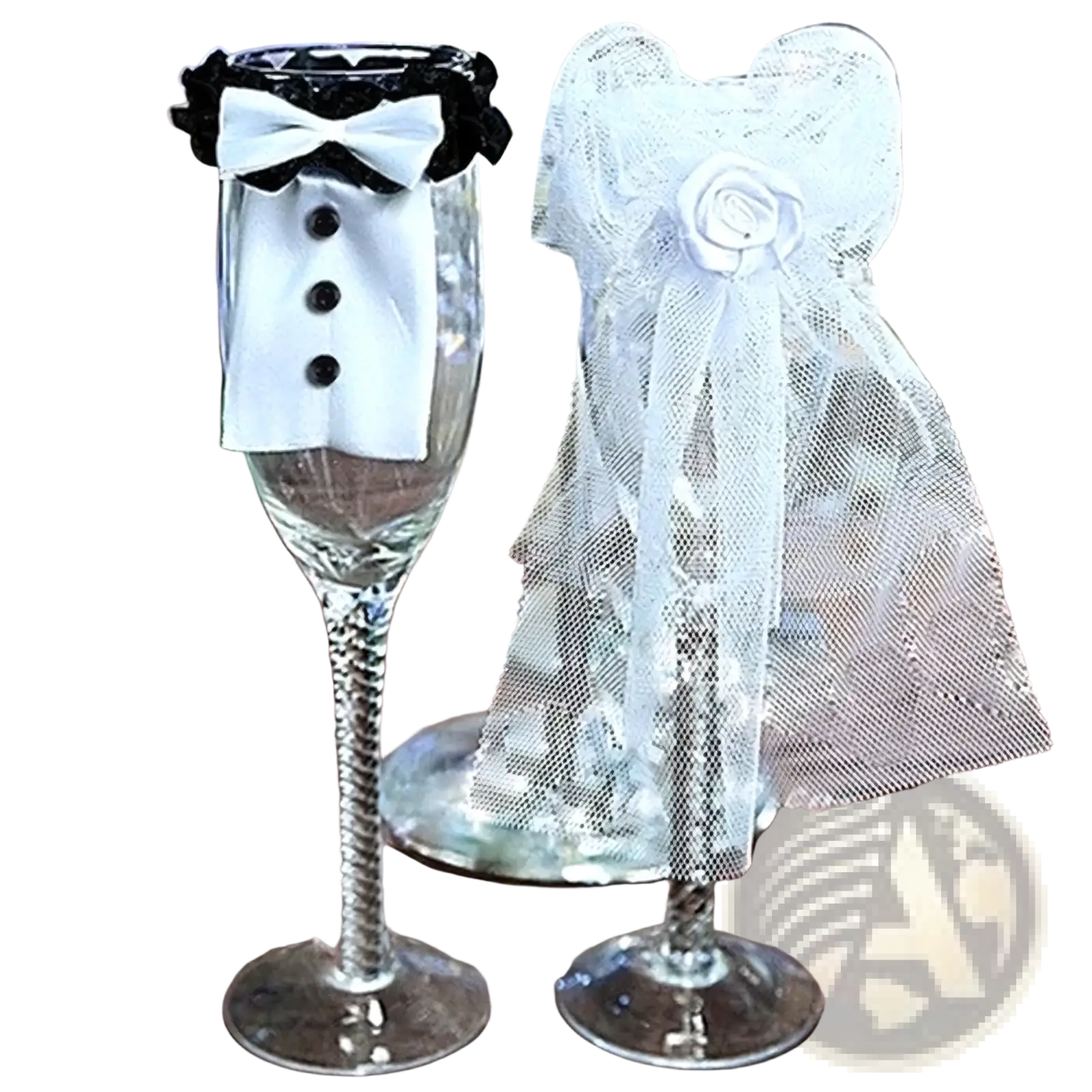 A clear twisted-stem champagne flute with a miniature black and white tuxedo topper from bride and groom wine glass cover set