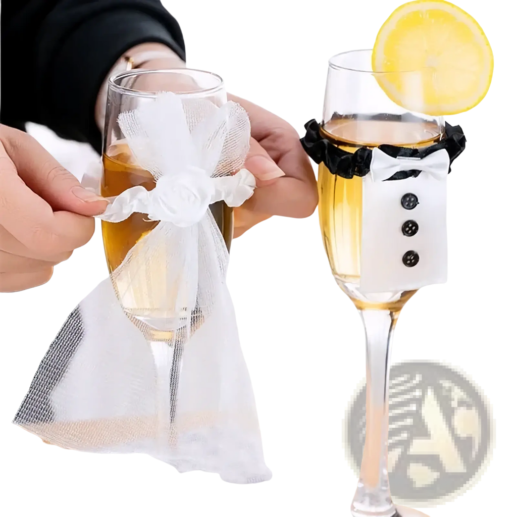 Bride and groom wine glass cover set featuring a delicate white tulle bow with black ribbon accents and three black buttons