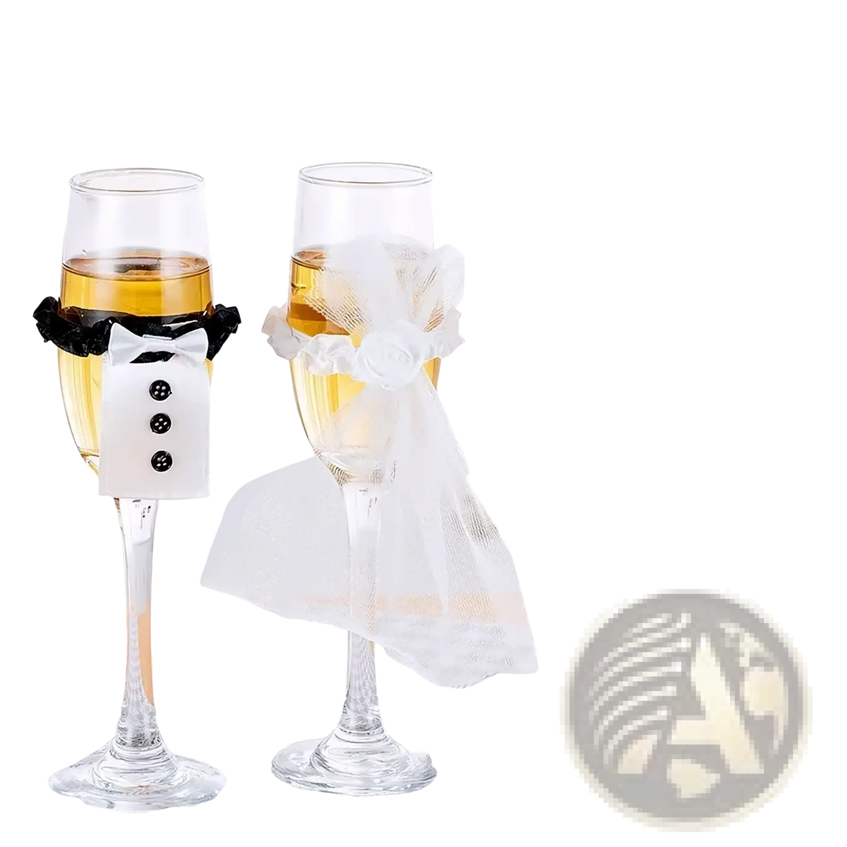 Bride and groom wine glass cover set with black bow tie tuxedo and white sheer fabric decorative accessories on flutes