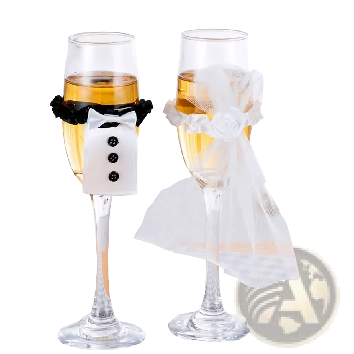 Bride and groom wine glass cover set featuring a white tuxedo-themed decorative wrap with black buttons and bow tie