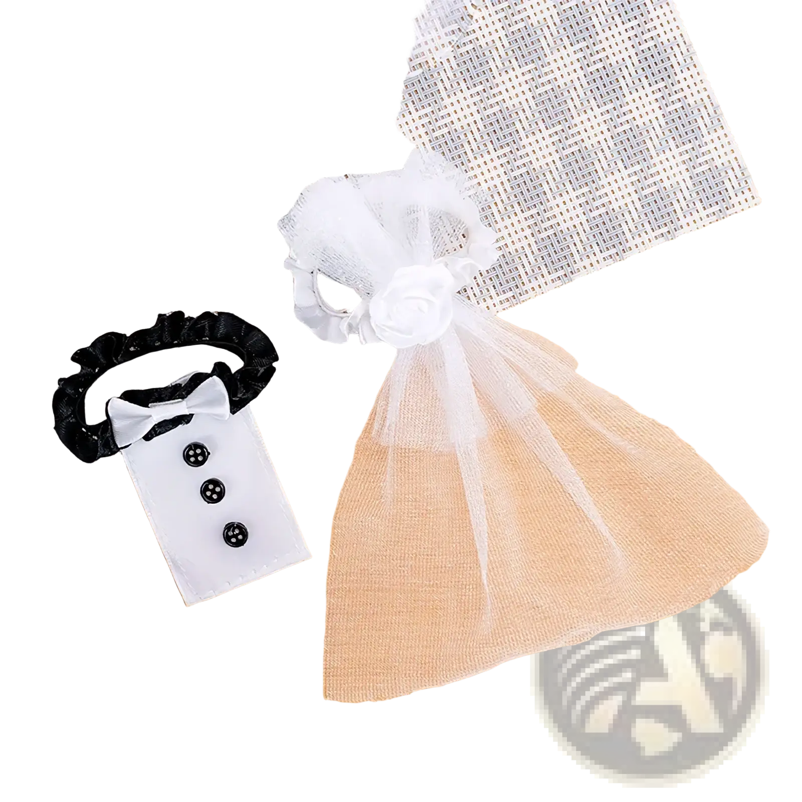 White tuxedo-themed hair tie with black ruffled band and three black buttons for bride and groom wine glass cover set