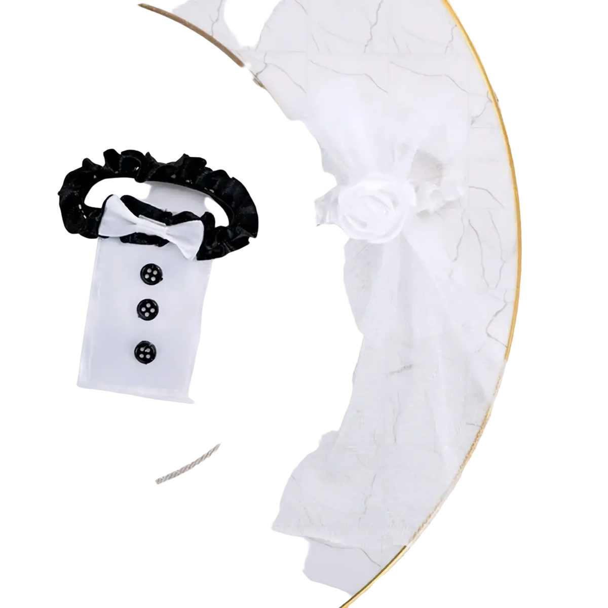 Black velvet tuxedo-themed hair tie with white bow and three black buttons for bride and groom wine glass covers