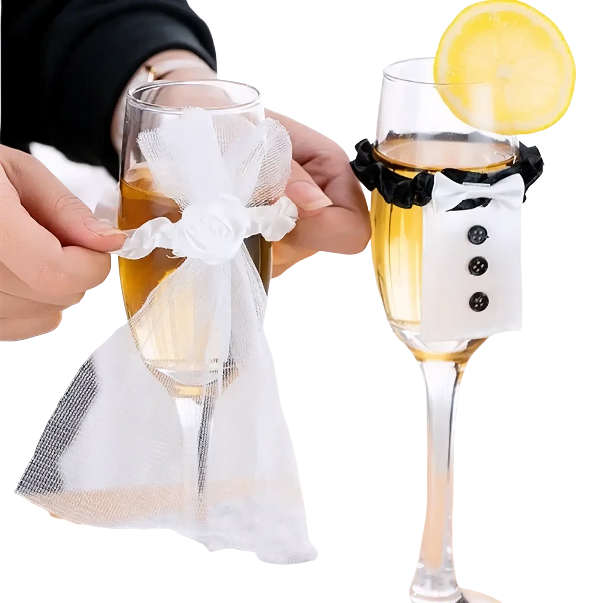 Bride and groom wine glass cover set featuring a delicate white tulle bow with black ribbon accents and three black buttons