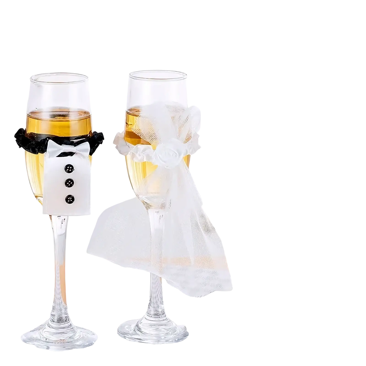 Bride and groom wine glass cover set with black bow tie tuxedo and white sheer fabric decorative accessories on flutes