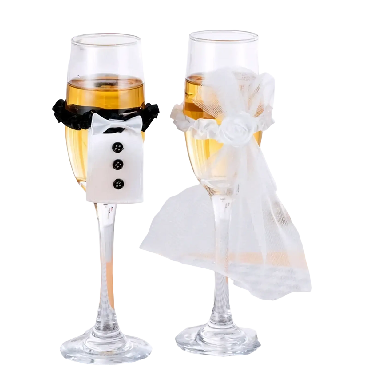 Bride and groom wine glass cover set featuring a white tuxedo-themed decorative wrap with black buttons and bow tie
