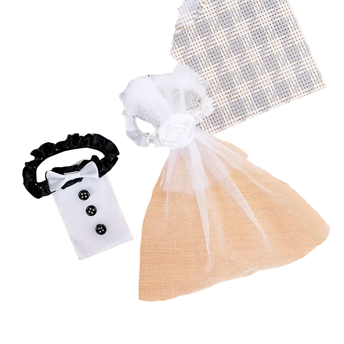 White tuxedo-themed hair tie with black ruffled band and three black buttons for bride and groom wine glass cover set
