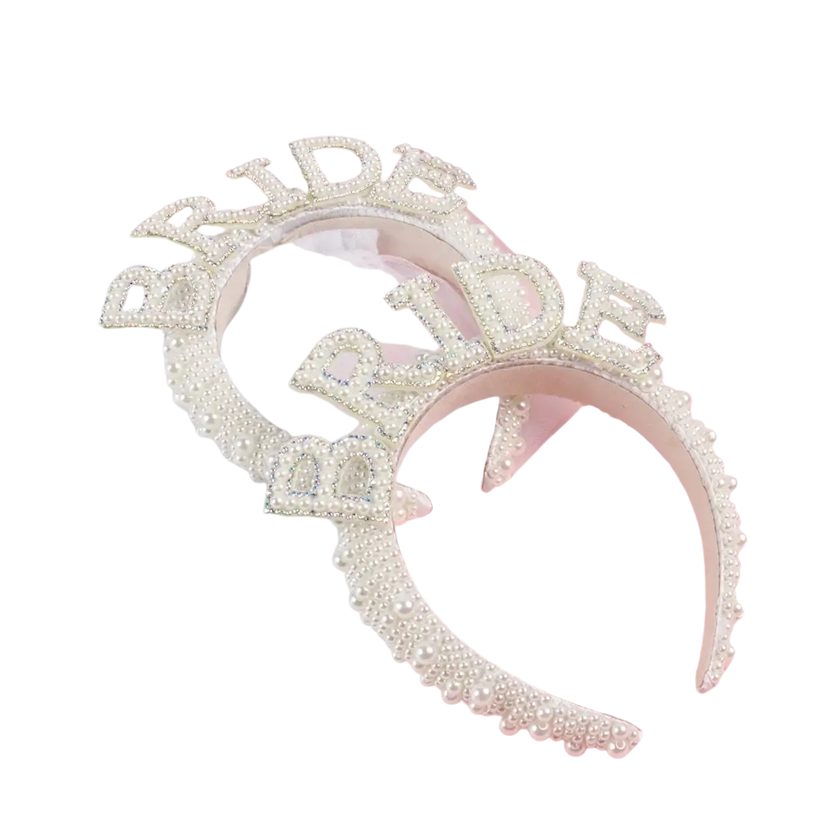 Bride headband pearl crown with veil featuring a silver-toned base adorned with rhinestones and pearls