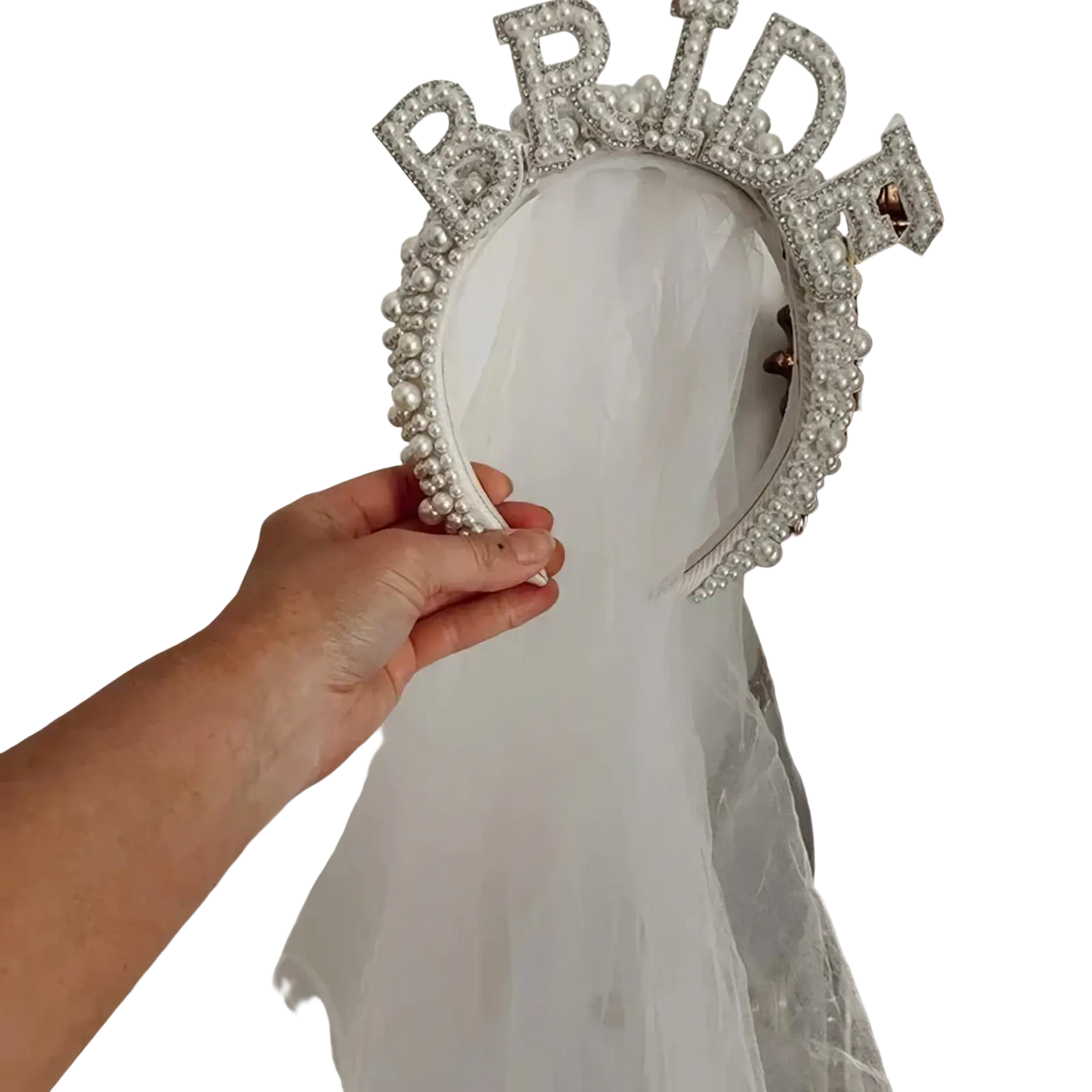 A sparkling silver bride headband pearl crown adorned with pearls and rhinestones designed for bridal wear