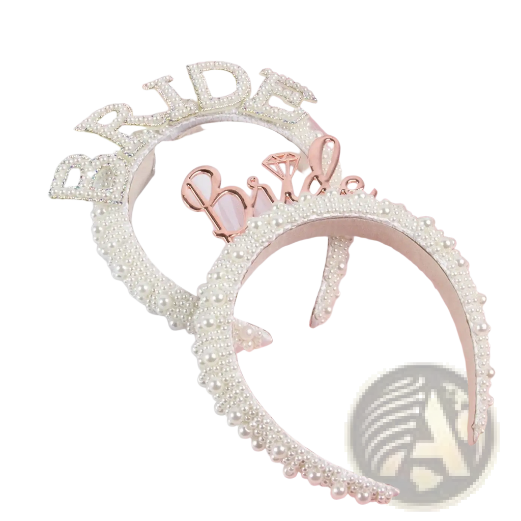 Bride headband pearl crown with veil featuring a sparkling white beaded design and rose gold diamond accent for brides