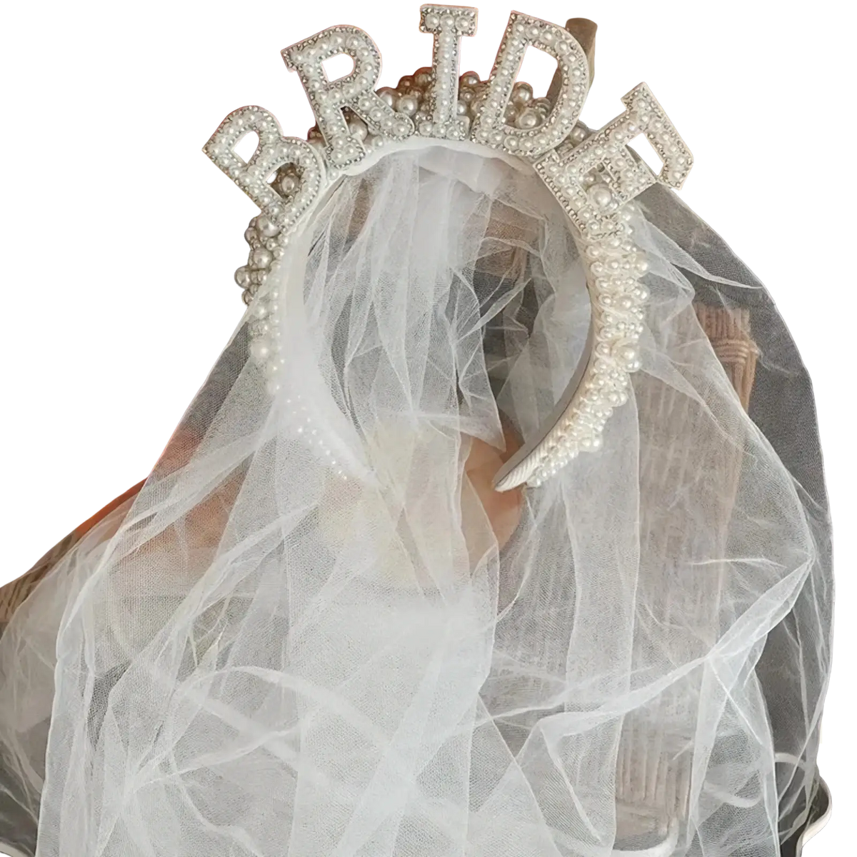 A sparkling white bride headband pearl crown with rhinestones and a delicate sheer veil for weddings