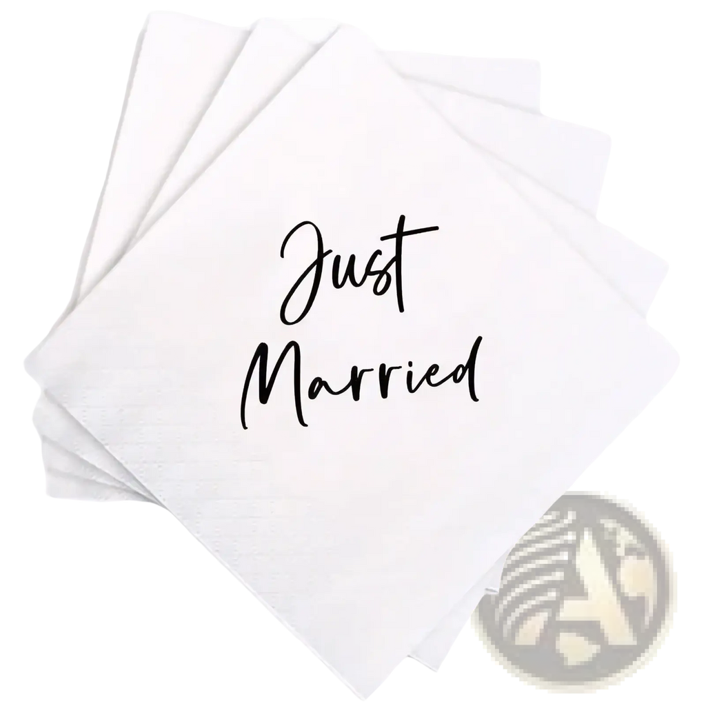 White paper napkins with just married printed in black cursive from bride to be napkins gold foil wedding 50 pack