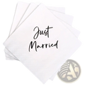 White paper napkins with just married printed in black cursive from bride to be napkins gold foil wedding 50 pack