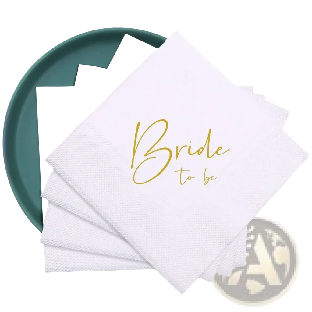 White paper napkins with gold foil bride to be script printed 50 pack for wedding celebrations