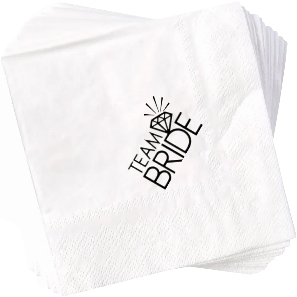 White paper napkins with black team bride logo featuring diamond and sparkles gold foil wedding paper 50 pack