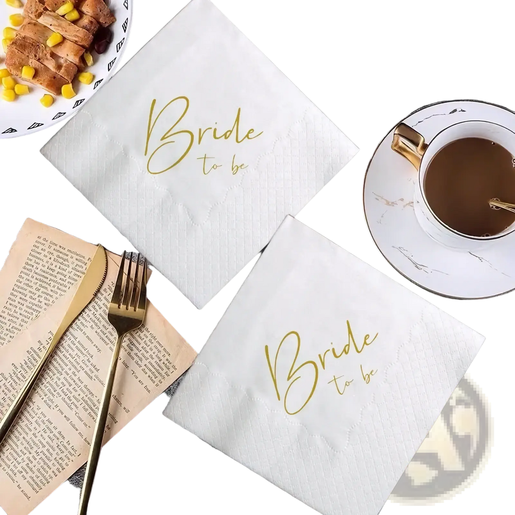 White paper napkins with gold foil bride to be script printed for wedding celebrations 50 pack