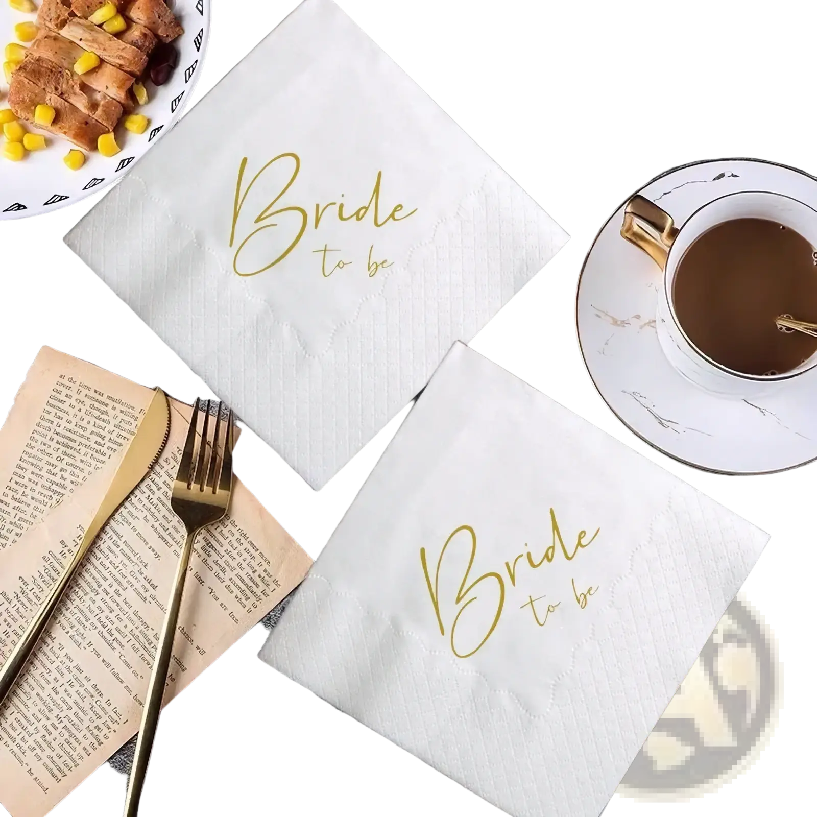White paper napkins with gold foil bride to be script printed for wedding celebrations 50 pack