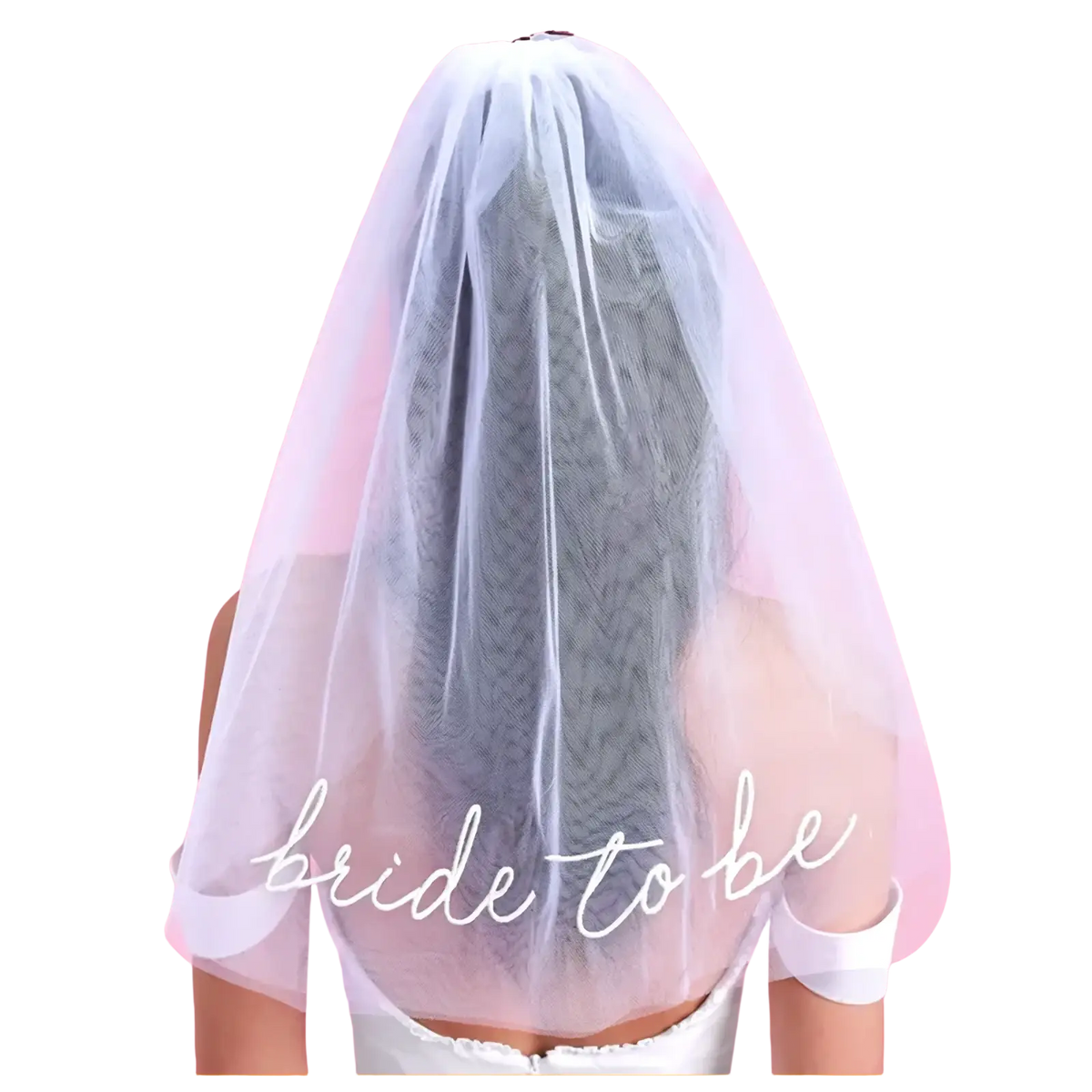 Delicate translucent white tulle bride to be party set veil with soft flowing design and lace pattern on the back side
