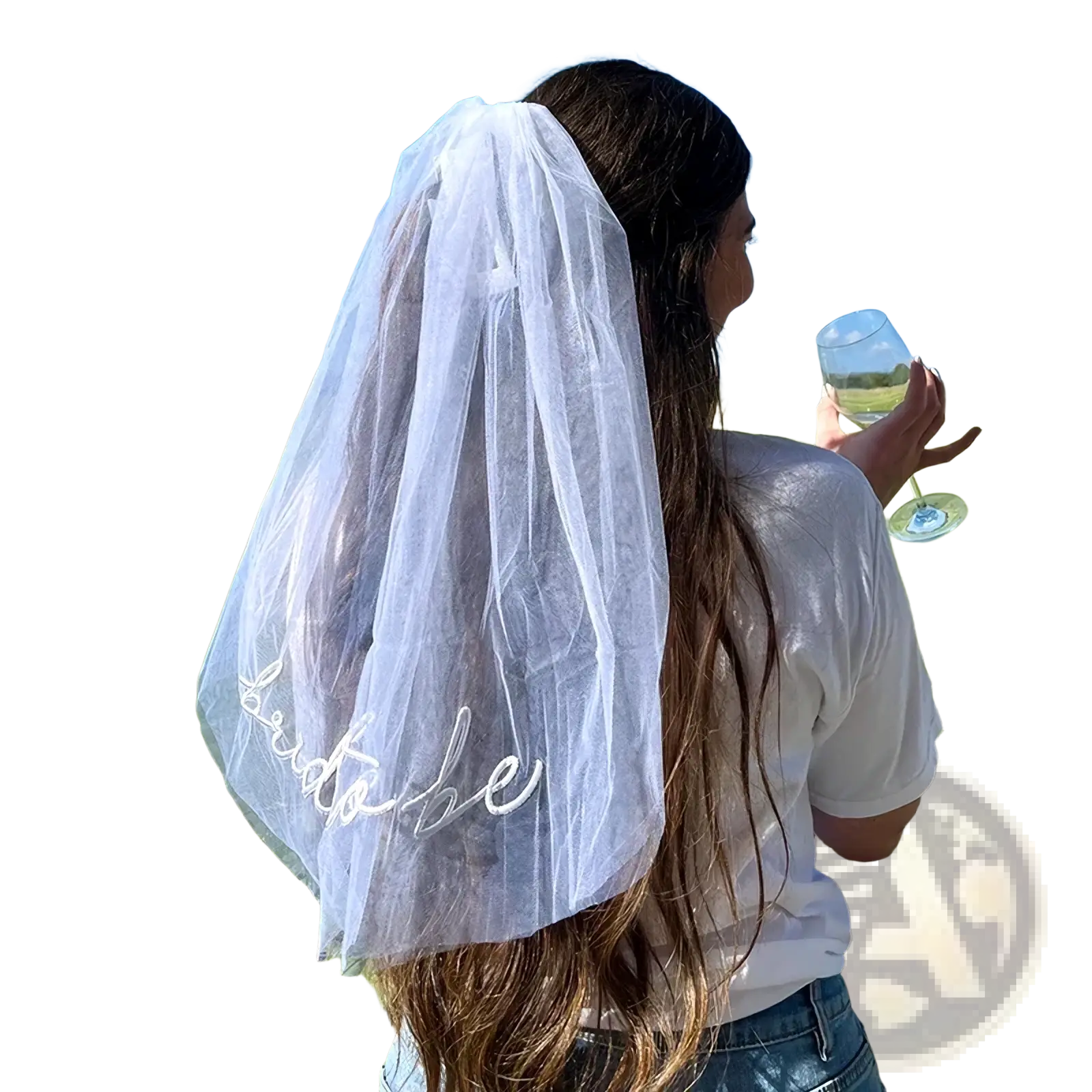 A delicate white tulle veil with bride to be embroidered in cursive for a bride to be party set veil sash headband