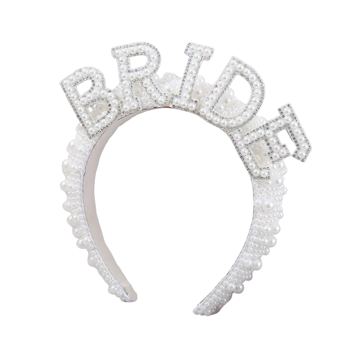 A sparkling white bride headband adorned with pearls and rhinestones for bride to be party set veil sash