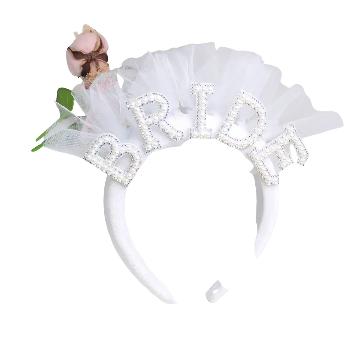 White bride to be party set headband with sparkling rhinestones and delicate tulle veil for bridal celebration