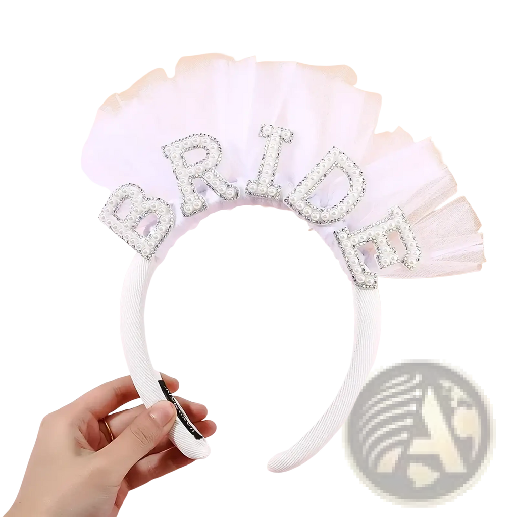White bridal headband with silver and pearl bride lettering and delicate tulle fringe for bride to be party set