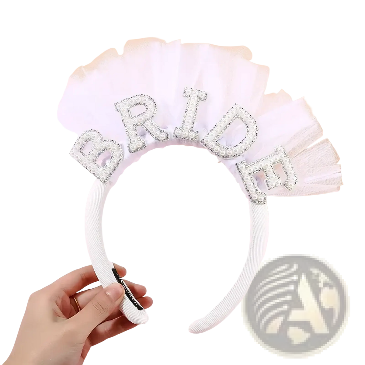 White bridal headband with silver and pearl bride lettering and delicate tulle fringe for bride to be party set