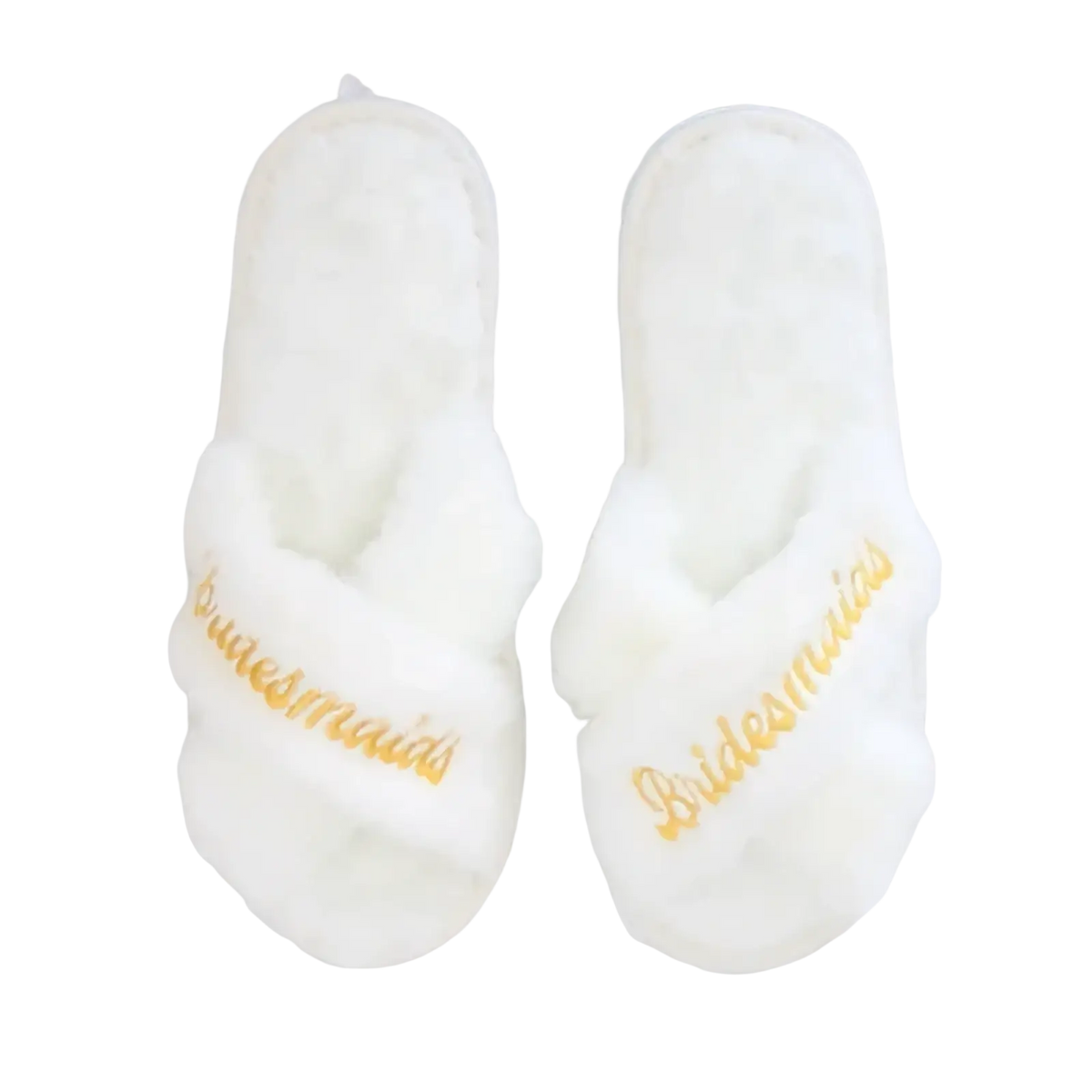 White faux fur slippers with gold embroidered bridesmaids text from bride to be party set veil sash headband