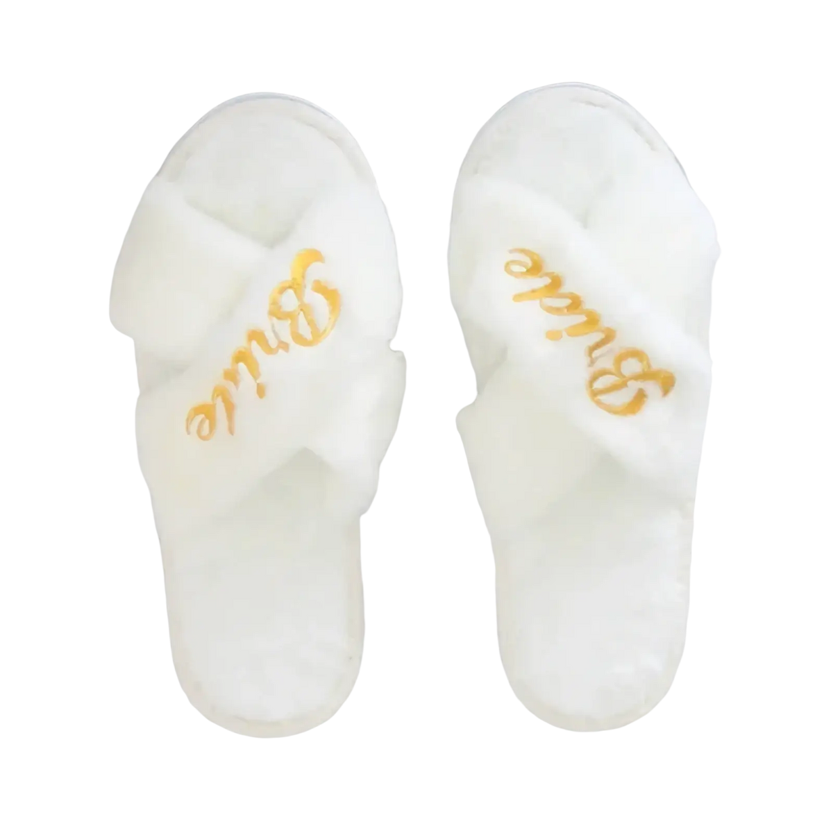 White fuzzy slip-on slippers with gold embroidered bride lettering from bride to be party set veil sash headband
