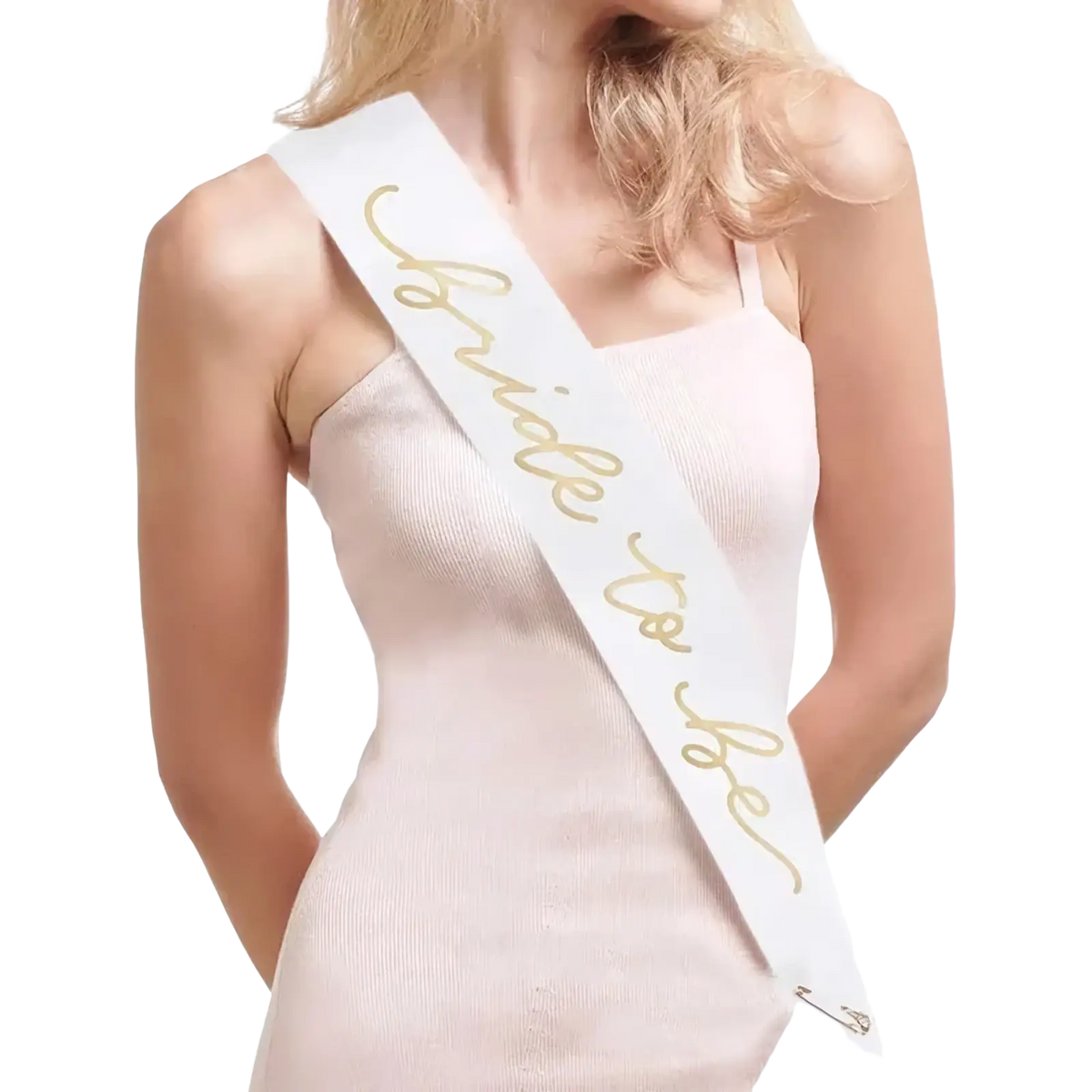 A white satin bride to be sash with gold cursive lettering for bridal party celebrations