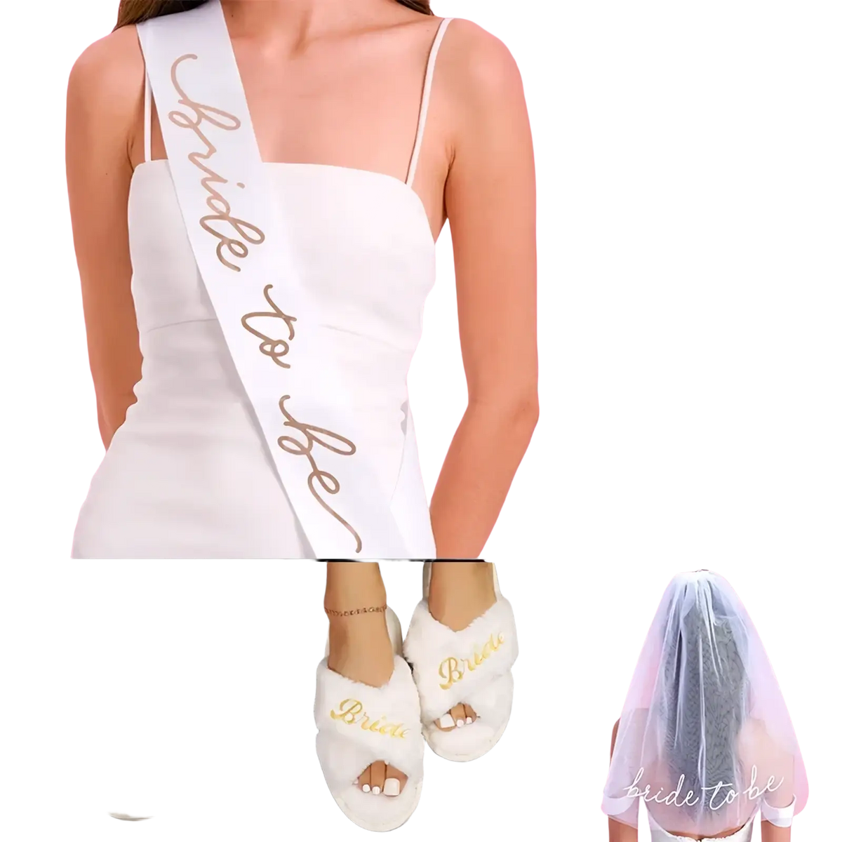White satin sash with gold cursive bride to be lettering from bride to be party set veil sash headband