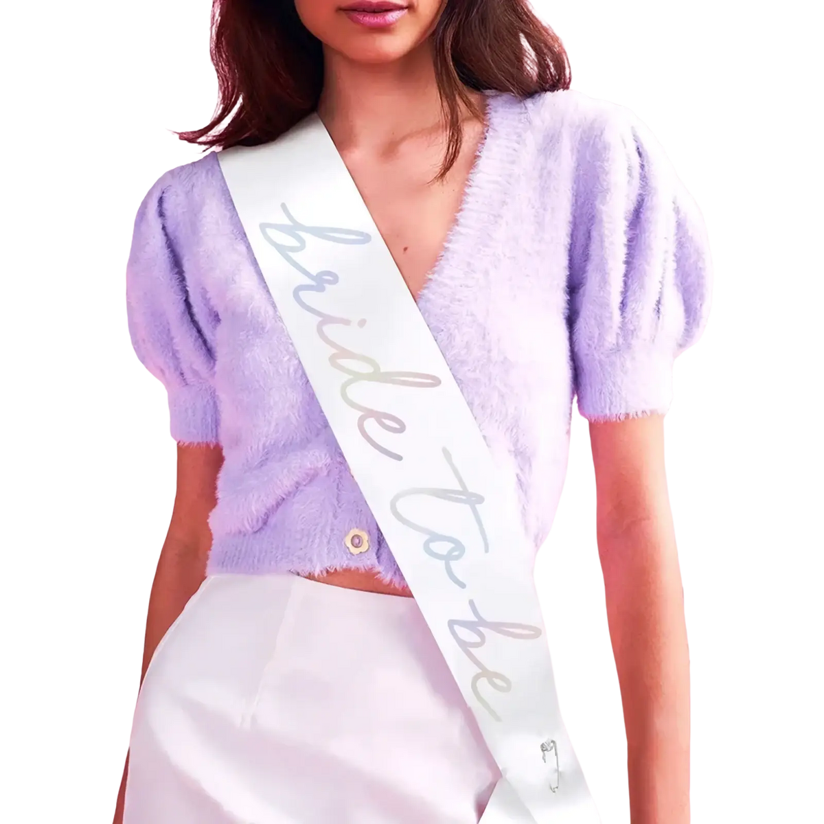 White satin bride to be sash with iridescent cursive script for bridal party set including veil and headband