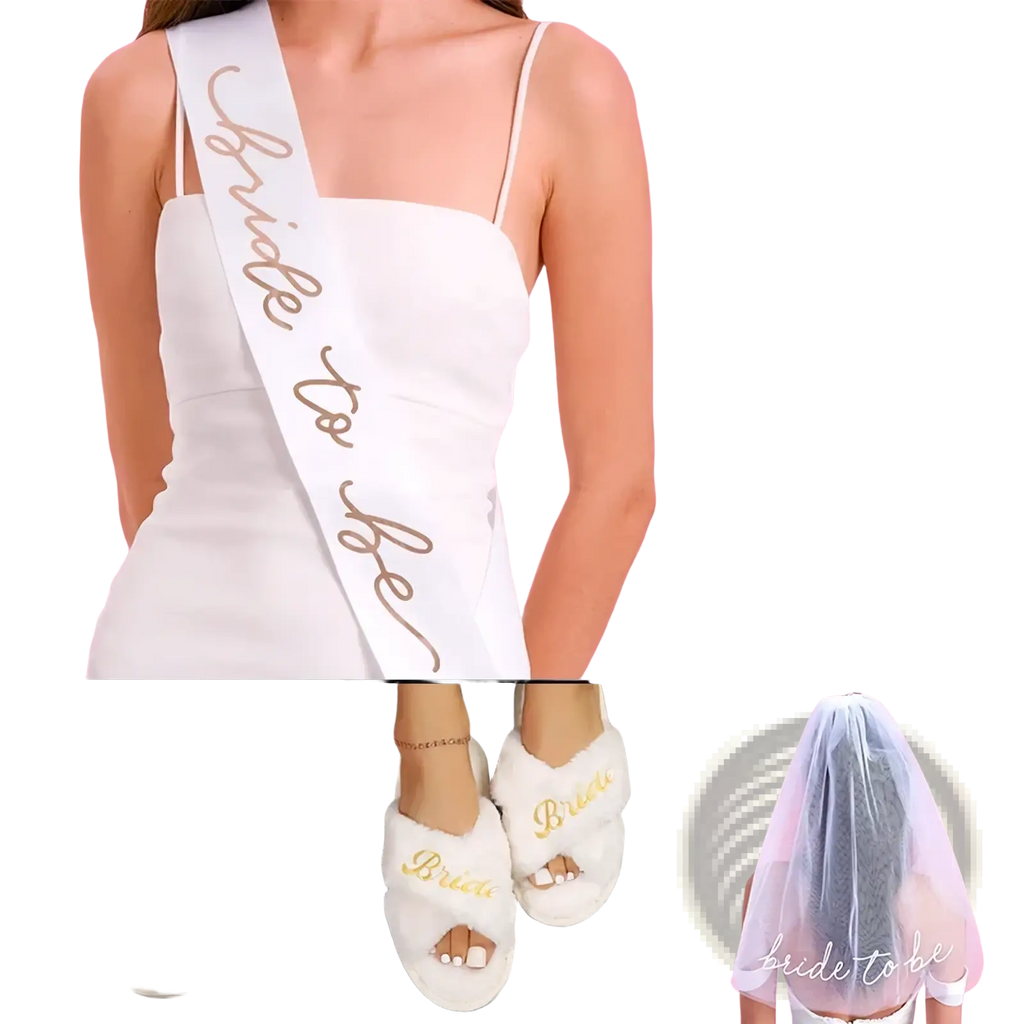 White satin sash with gold cursive bride to be lettering from bride to be party set veil sash headband