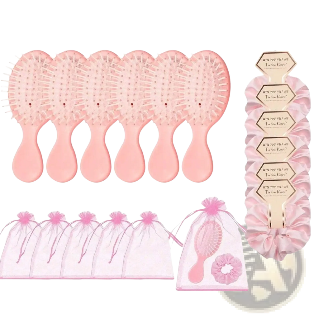 Set of six pink plastic hair combs with rounded handles in clear organza bags for bridesmaid hairbrush gift set