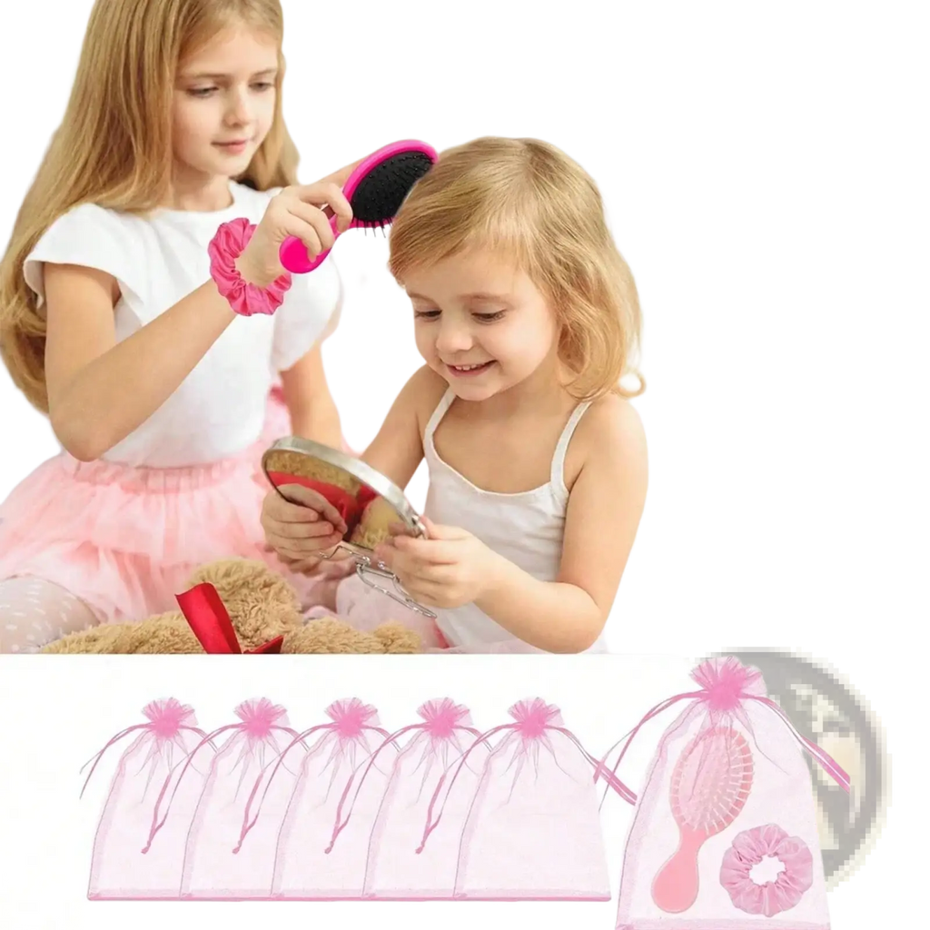 Pink mesh gift bags with drawstring closures and decorative pom-poms for bridesmaid hairbrush and scrunchie set