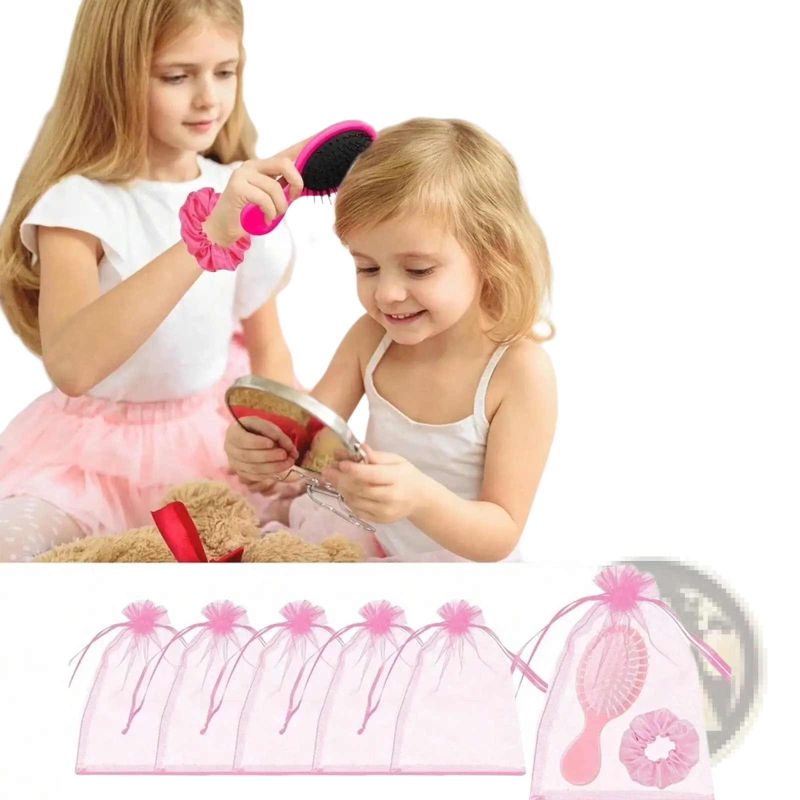 Pink mesh gift bags with drawstring closures and decorative pom-poms for bridesmaid hairbrush and scrunchie set