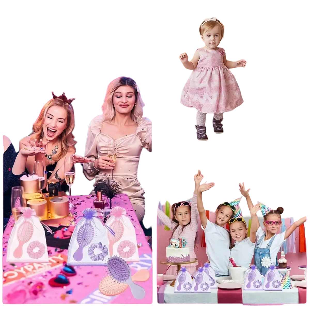 Pink and purple bridesmaid hairbrush and scrunchie gift set bags with lace trim and decorative hairbrush design
