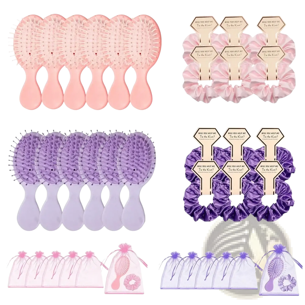 Set of pink and purple plastic bridesmaid hairbrushes with rounded handles paired with matching satin scrunchies