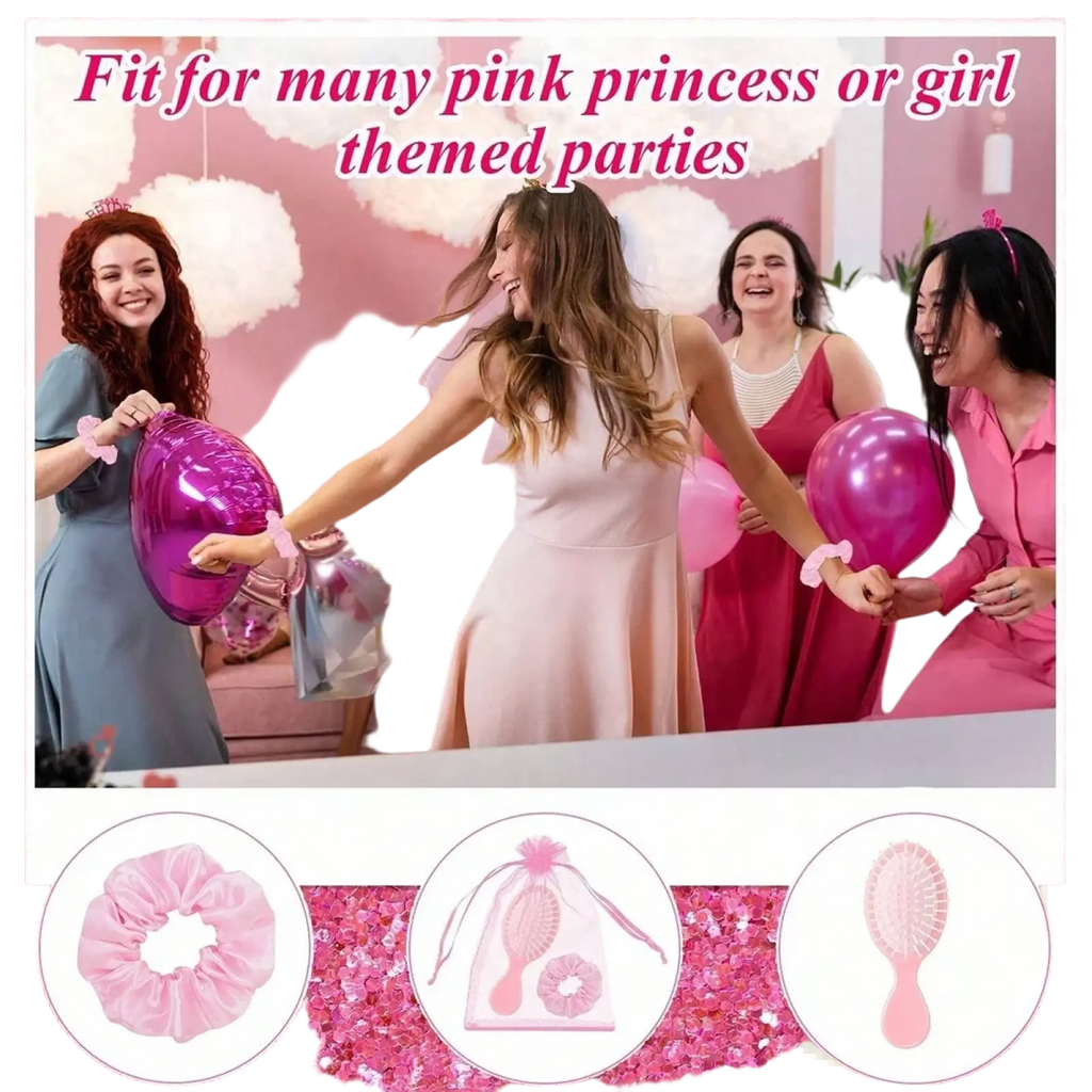 Pink satin scrunchie with soft stretchy texture and elastic band in bridesmaid hairbrush and scrunchie gift set