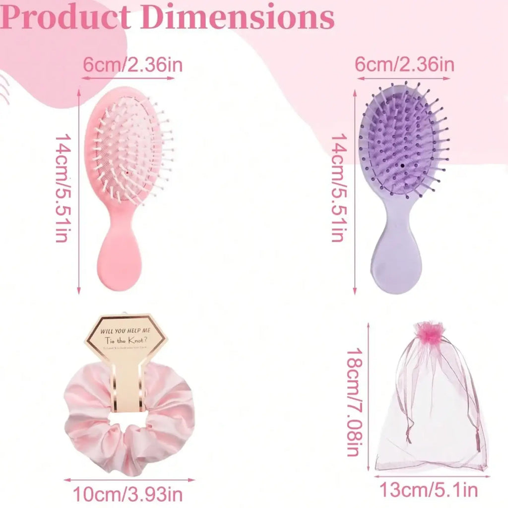 Bridesmaid hairbrush and scrunchie gift set with pink silicone brush with white bristles and purple silicone brush with black bristles