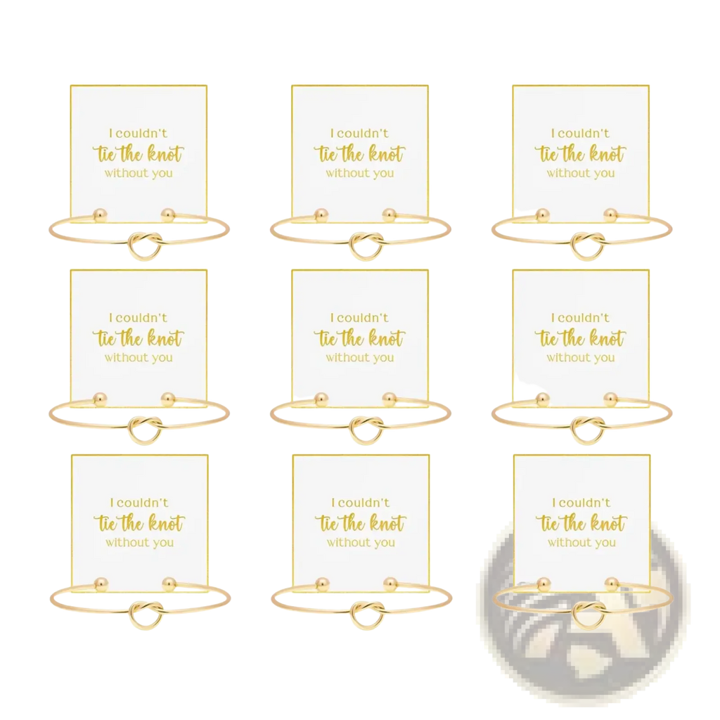 Gold-colored rose gold bangle bracelets with delicate knot design displayed on cards reading i couldnt tie the knot without you