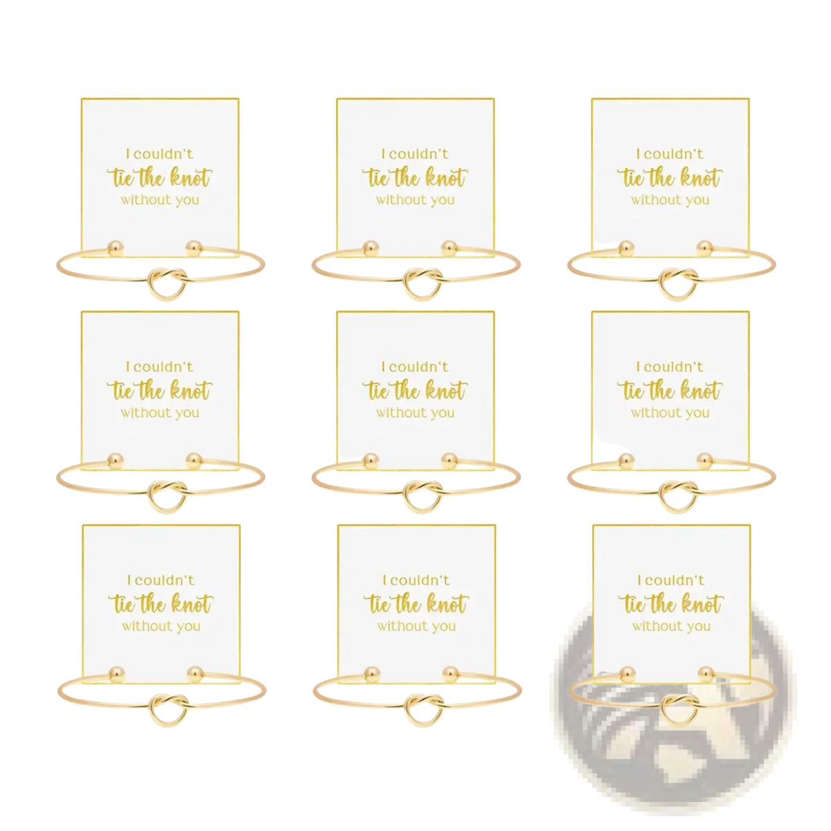 Gold-colored rose gold bangle bracelets with delicate knot design displayed on cards reading i couldnt tie the knot without you