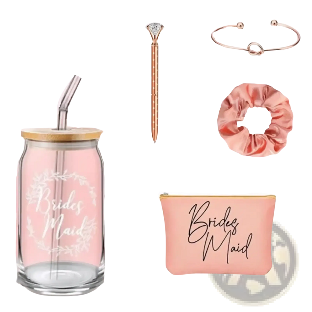 Pink bridesmaid glass tumbler with bamboo lid and metal straw in bridesmaid proposal gift set with makeup bags