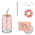 Pink bridesmaid glass tumbler with bamboo lid and metal straw in bridesmaid proposal gift set with makeup bags