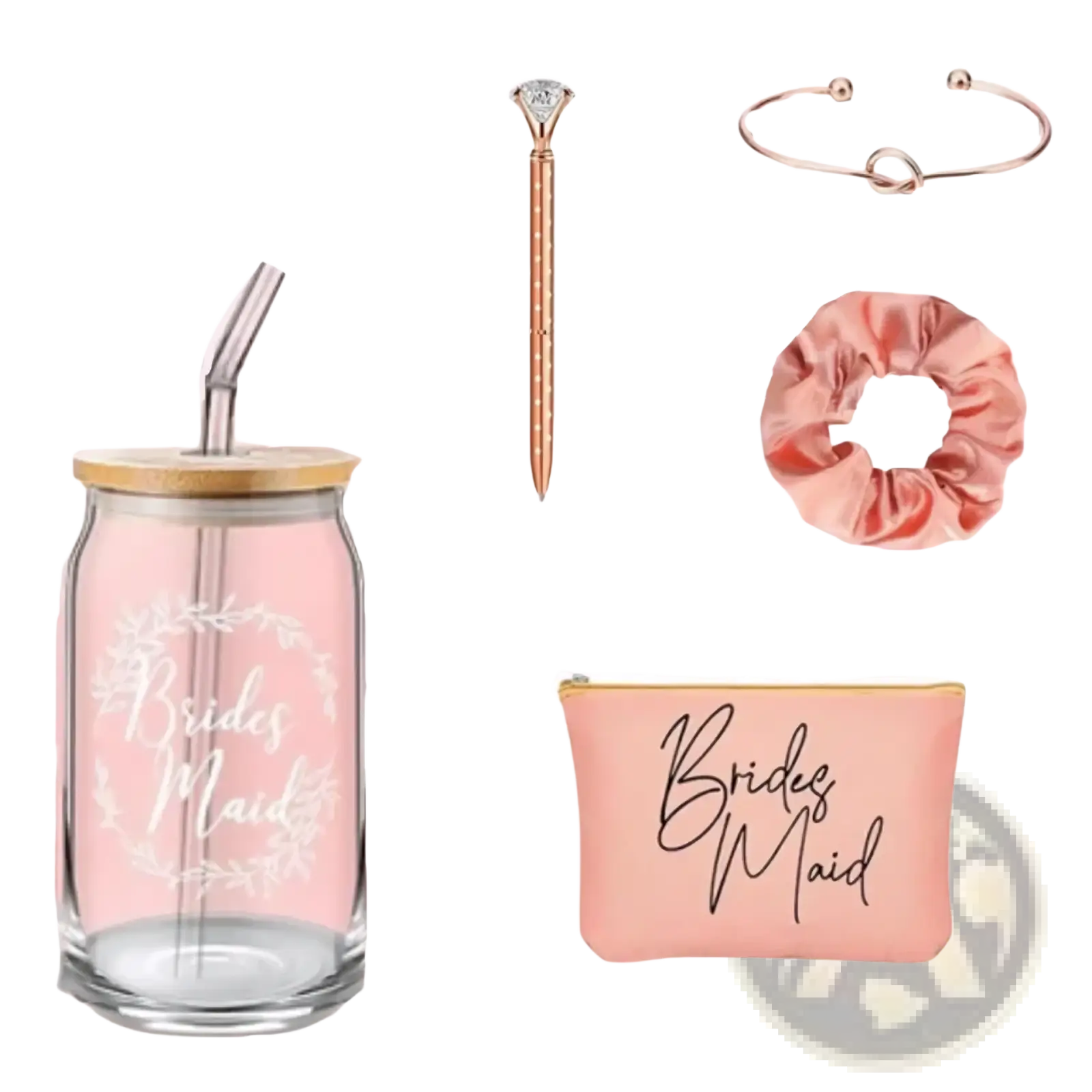 Pink bridesmaid glass tumbler with bamboo lid and metal straw in bridesmaid proposal gift set with makeup bags