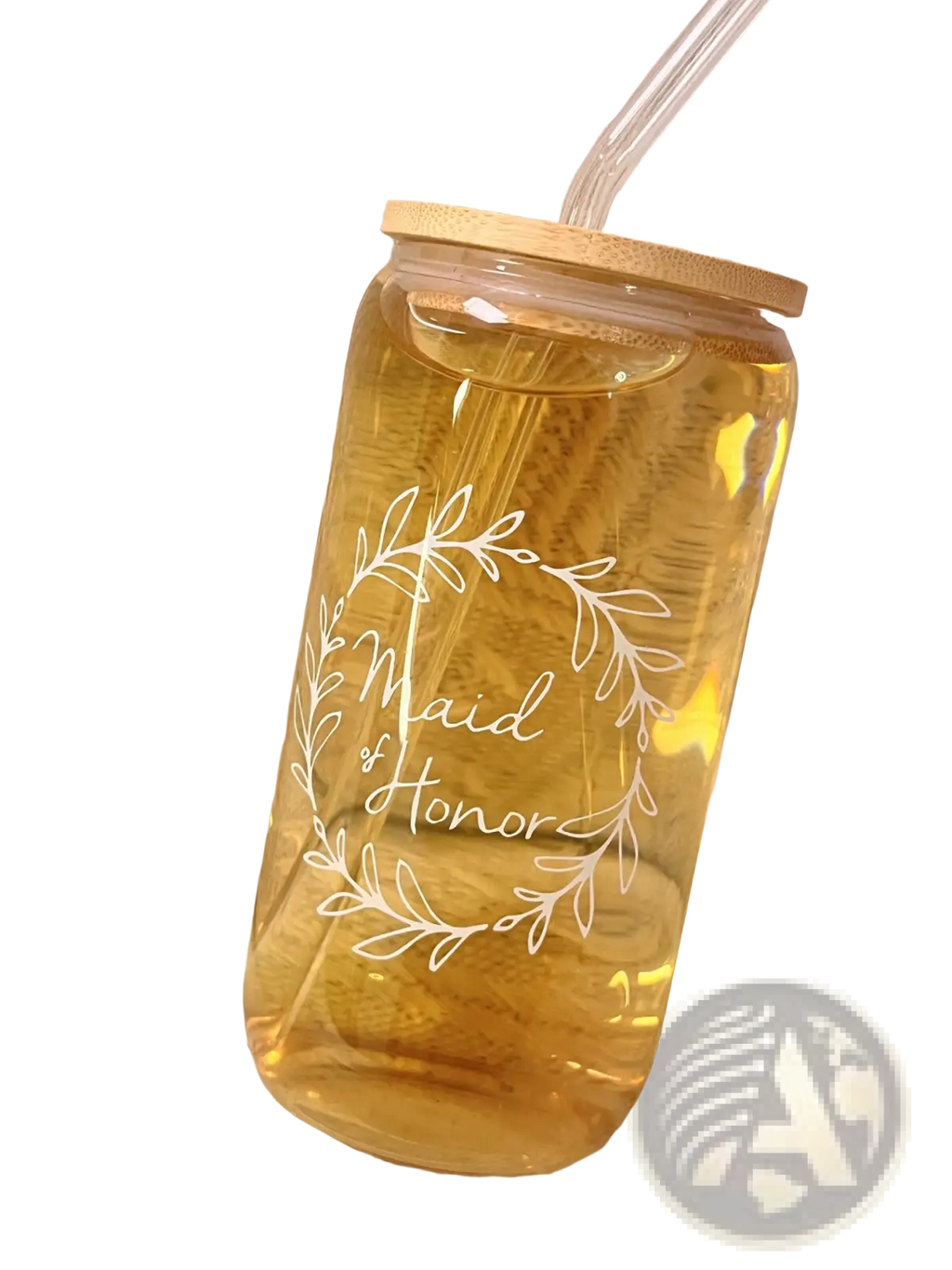 A clear glass tumbler with bamboo lid and straw featuring a white maid of honor wreath design for bridesmaid proposals